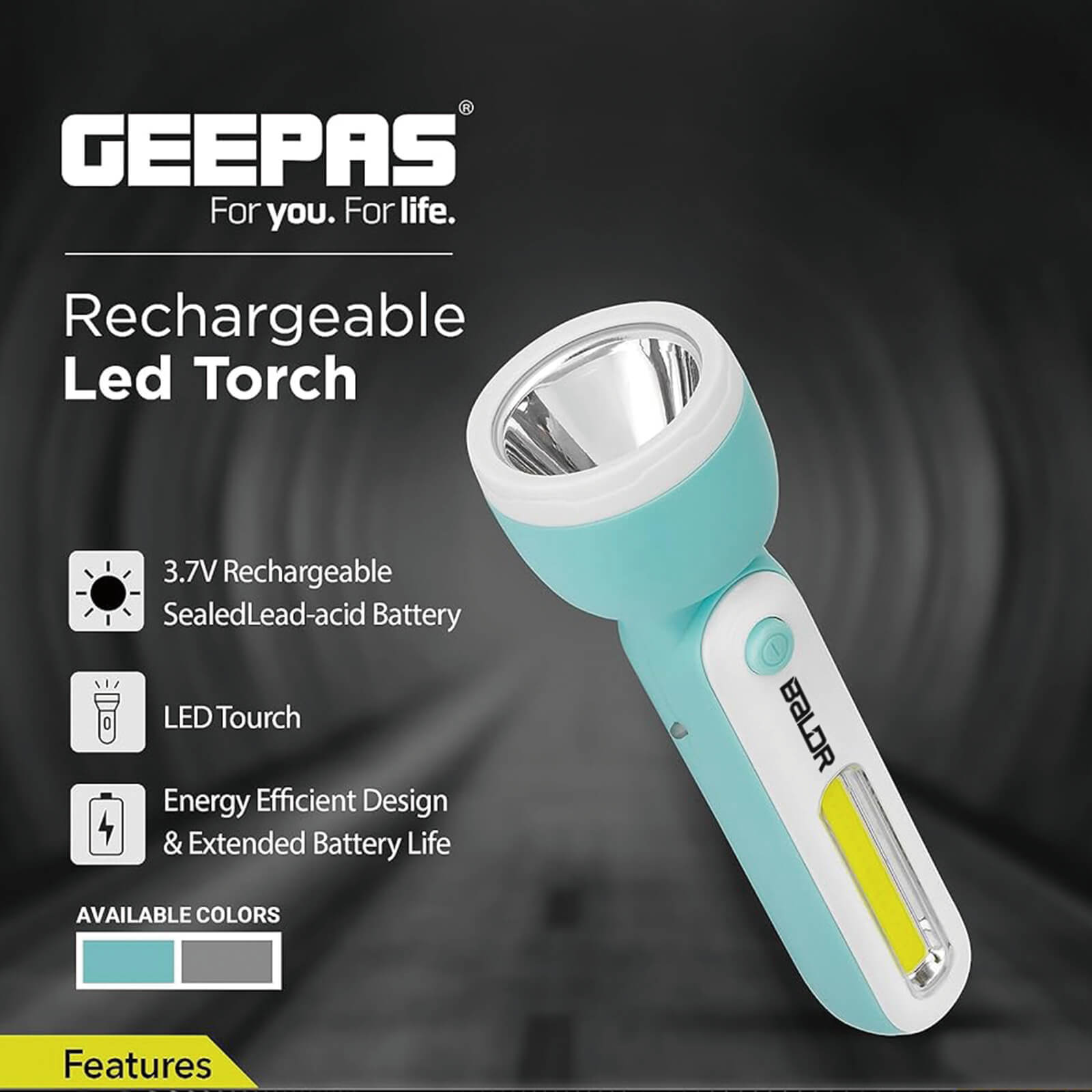 BALDR Rechargeable LED Torch, Lamp, Perfect for Indoor and Outdoor Use