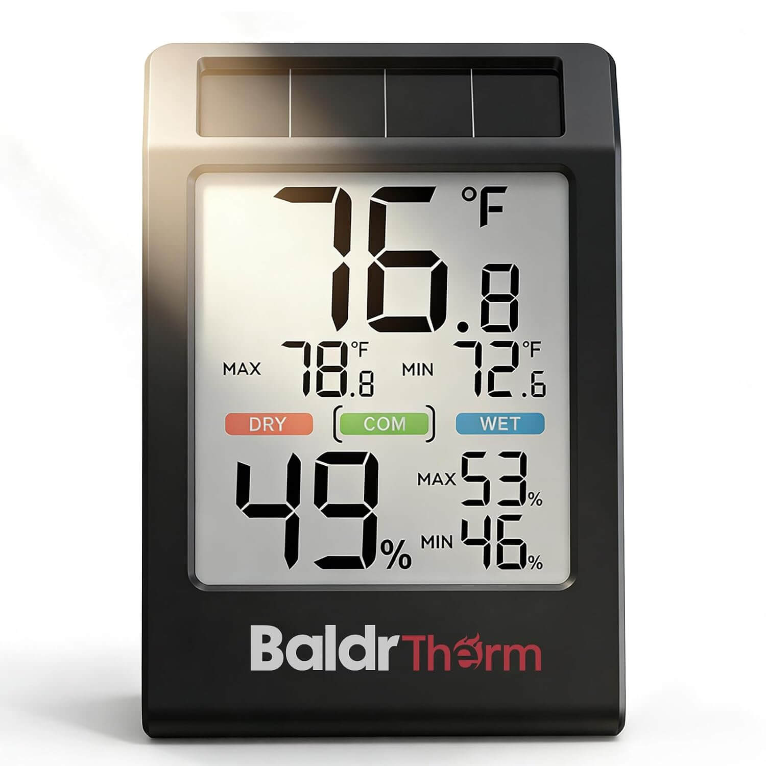 BaldrTherm Indoor Thermometer Hygrometer, Solar Power with Battery Backup, Large Display, Daily Max/Min & Comfort Indicator Humidity Meter(Black)