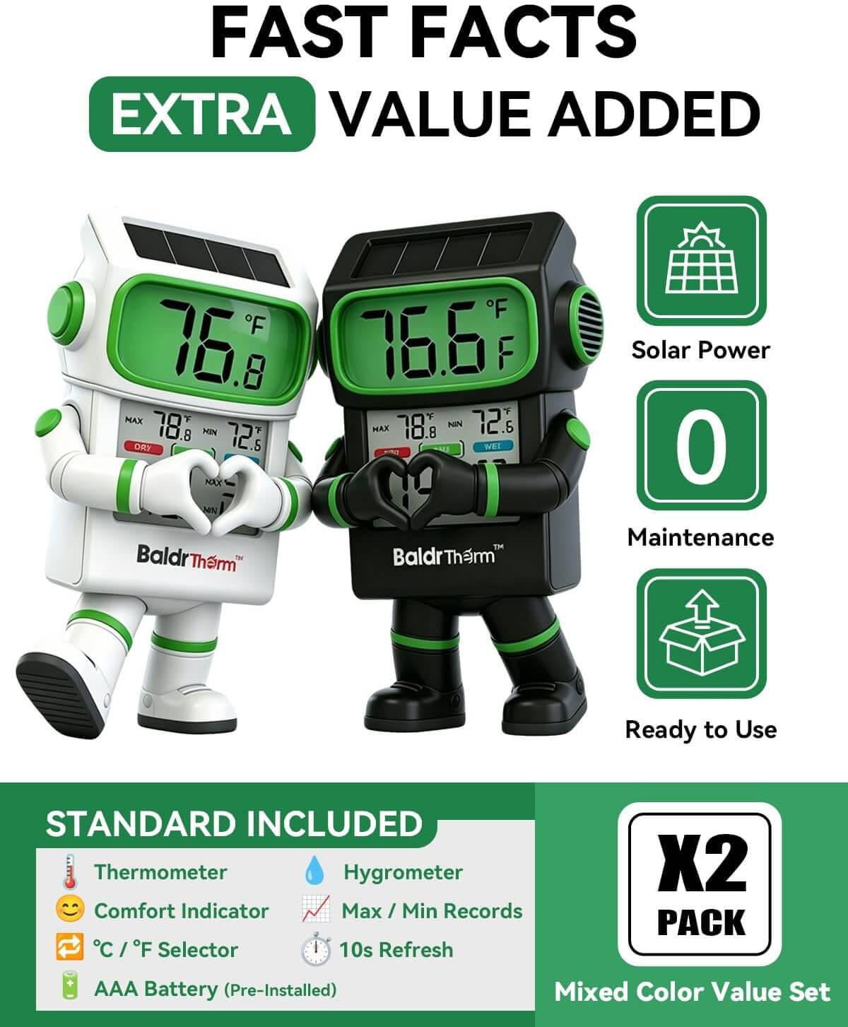 BaldrTherm Thermometer Hygrometer, Solar Powered Indoor Temperature and Humidity Monitor with Battery Backup, Improved LCD Display, Max/Min Records, Comfort Indicator, Black and White