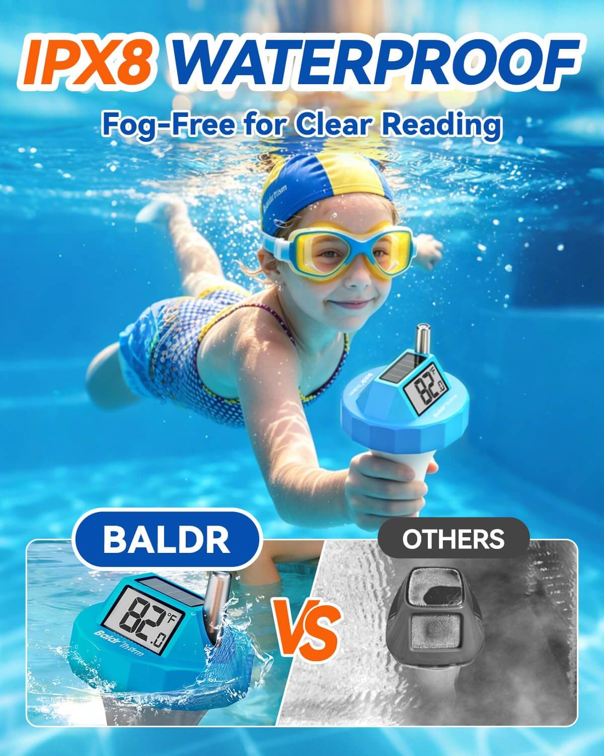 BaldrTherm Wireless Pool Thermometer Floating Easy Read, 2026 Upgrade Solar Powered Water Temperature Gauge with Indoor Display, IPX8 Waterproof 500FT Monitior Range for Pools,Hot Tubs,Spas, Baths, Blue