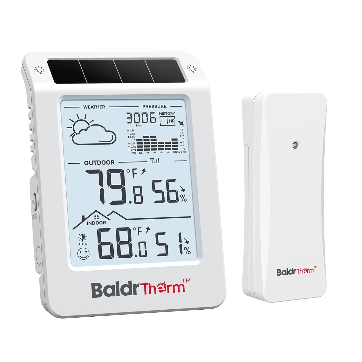 BaldrTherm Solar Wireless Weather Station, PV Extended Range, Dual-Zone Indoor & Outdoor/Childroom Temp Humidity Monitor, Auto Smart Backlight,Temp/Humidity/Barometric Trend Visualization