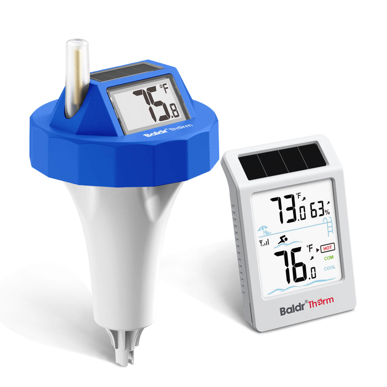BaldrTherm Wireless Pool Thermometer Floating Easy Read, 2026 Upgrade Solar Powered Water Temperature Gauge with Indoor Display, IPX8 Waterproof 500FT Monitior Range for Pools,Hot Tubs,Spas, Baths, Dark Blue