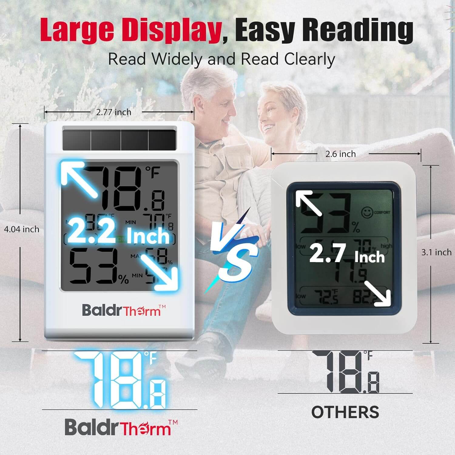 BaldrTherm Room Thermometer Indoor Humidity Meter Solar Powered with Max/Min Memory & Comfort Indicator - 3.2" Large Display for Home, White, 1Pack