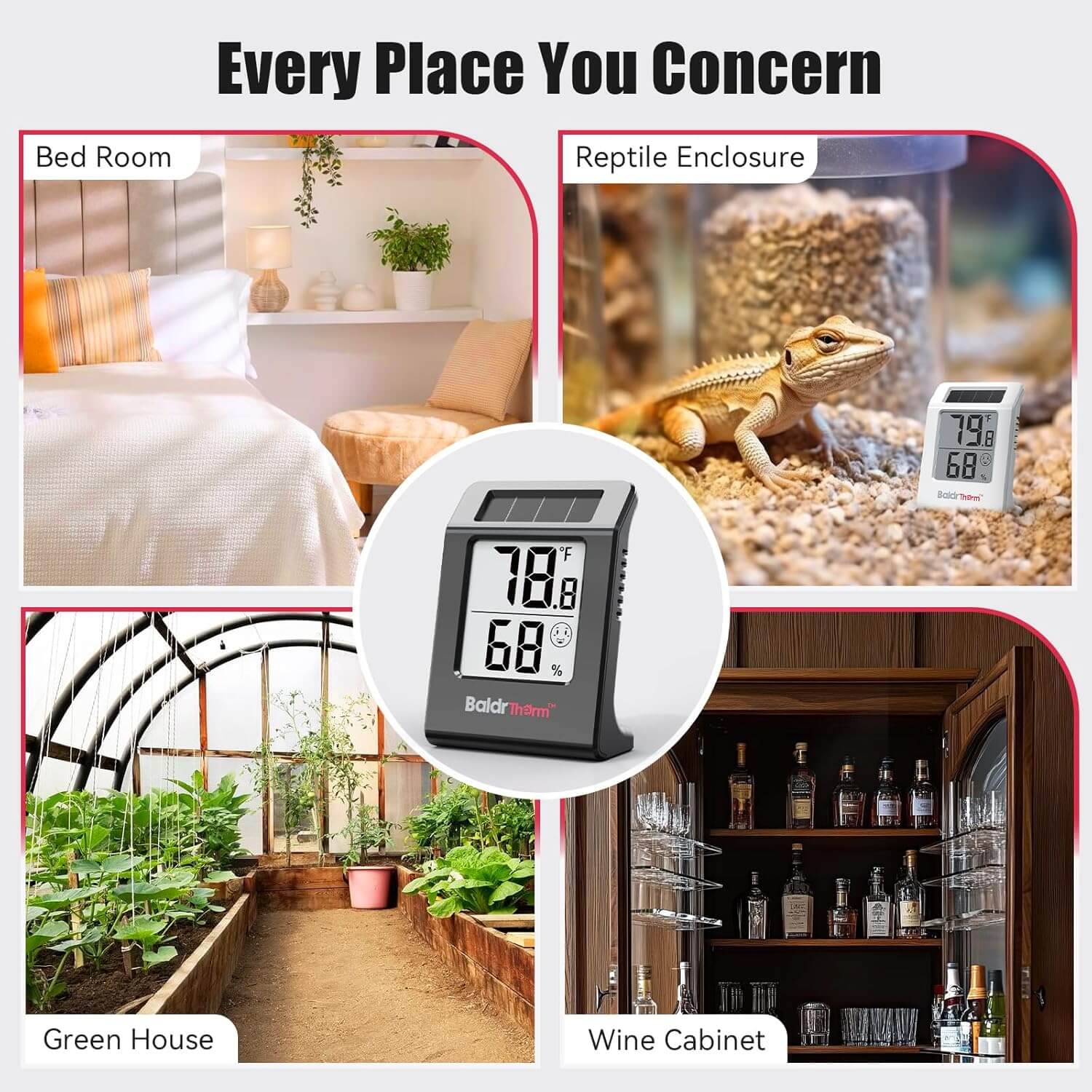 BaldrTherm Humidity Meter Hygrometer, Solar-Powered Room Thermometer 2.2'