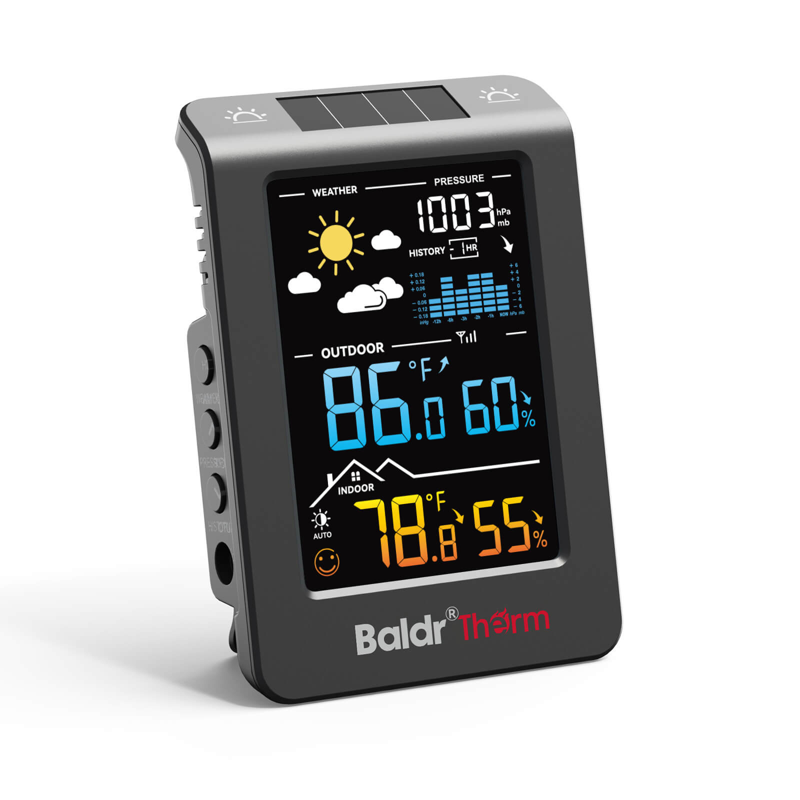BaldrTherm Solar Wireless Weather Station, PV Extended Range, Dual-Zone Indoor & Outdoor/Childroom Temp Humidity Monitor, Auto Smart Backlight,Temp/Humidity/Barometric Trend Visualization, Black