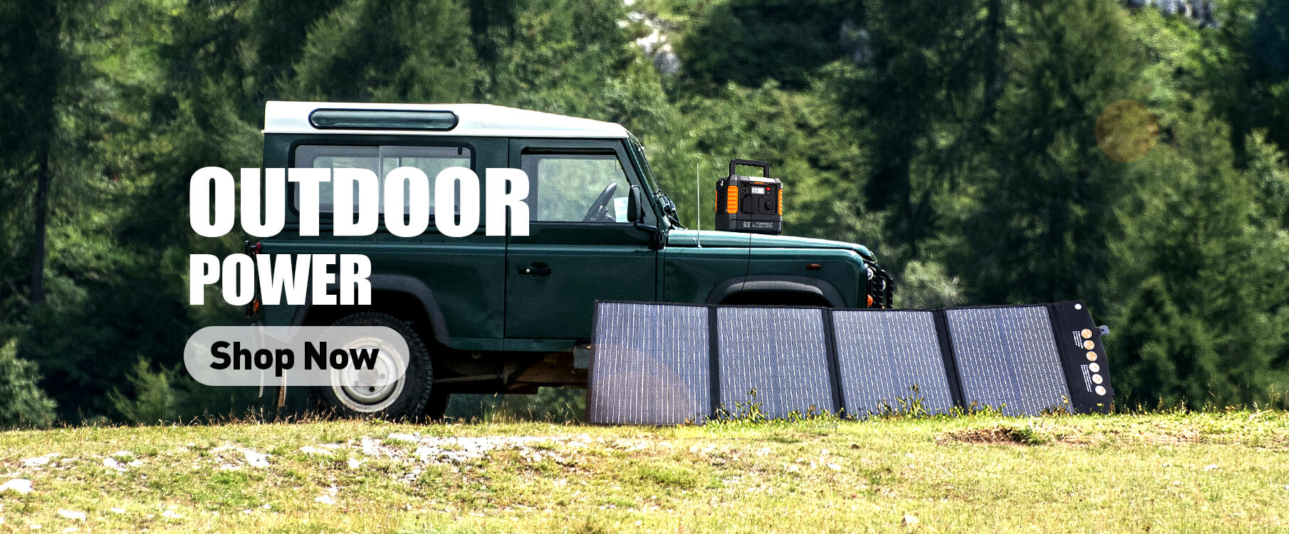 Green SUV with a solar panel on a grassy area with 'Outdoor Power' text and 'Shop Now' button.