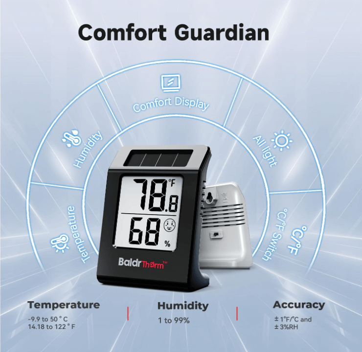 BaldrTherm Hygrometer – Solar-Powered Room Thermometer 2.2"