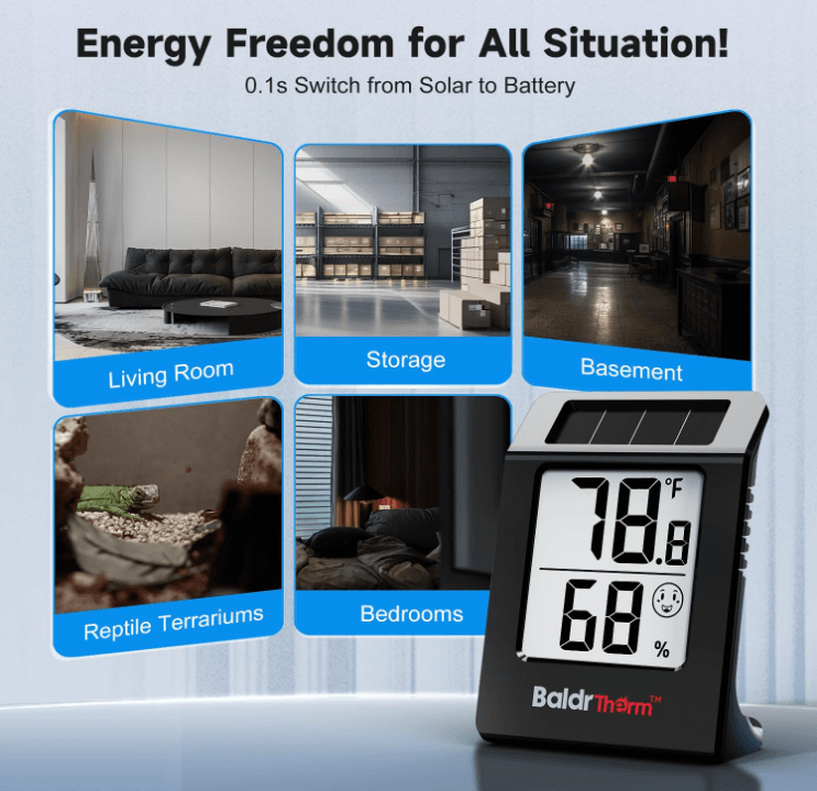 BaldrTherm Hygrometer – Solar-Powered Room Thermometer 2.2"