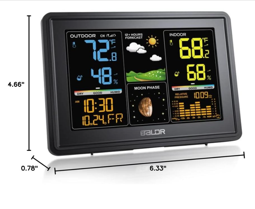 BALDR Wireless Weather Station - Color Digital Thermometer with Atomic Clock, Barometer & Moon Phase,Black