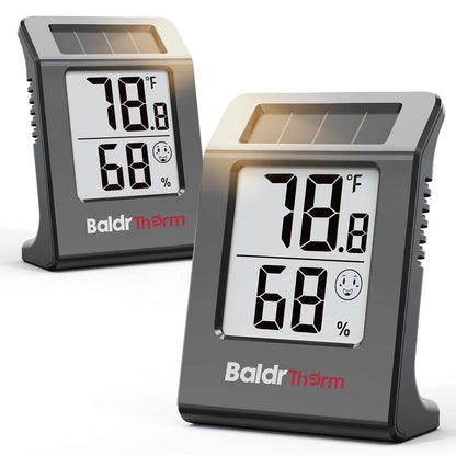 BALDR 2-Pack Digital Hygrometer Thermometer, Solar Power with Battery Backup Temperature and Humidity Monitor, Mini Room Thermometer with Comfort Indicator (Black)