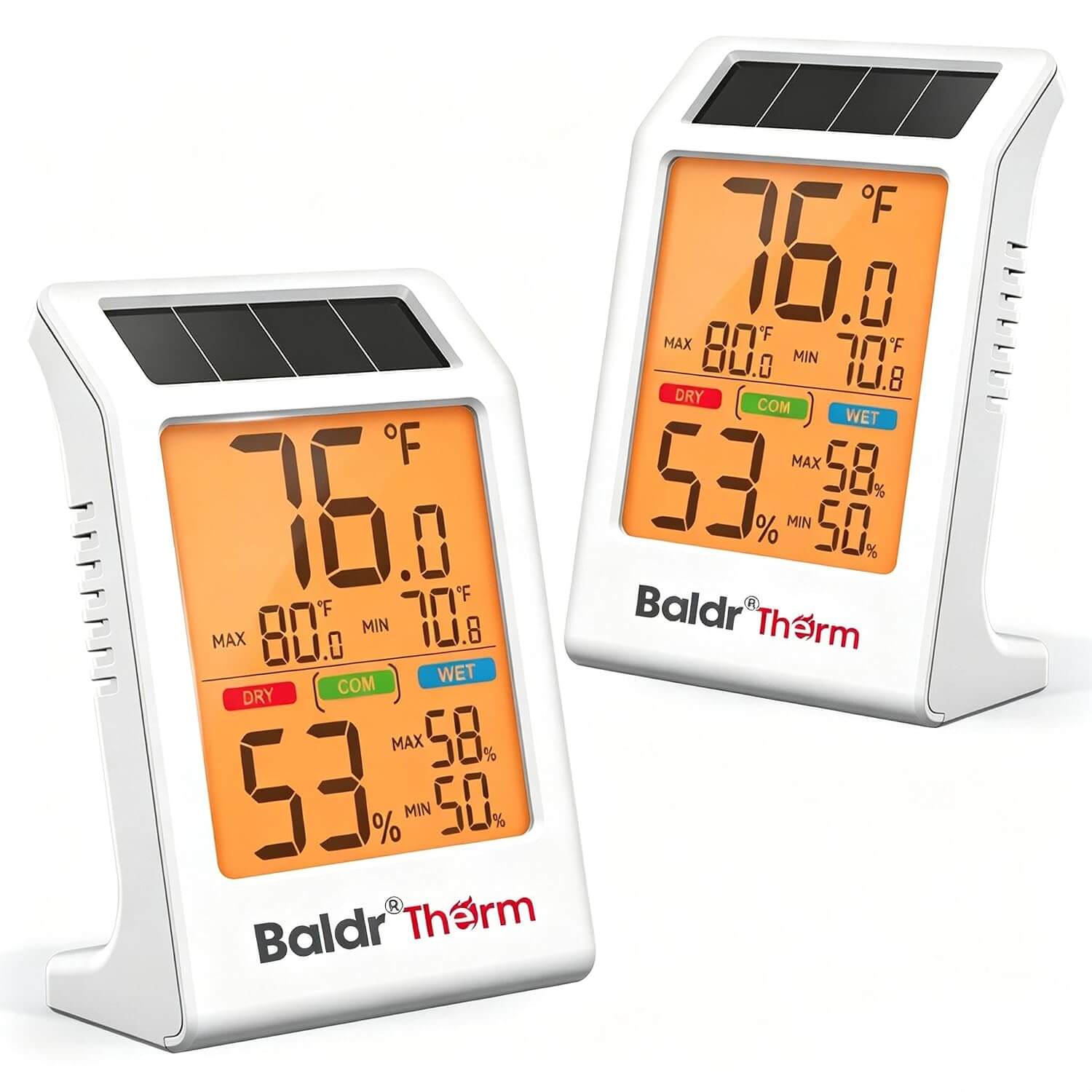 BaldrTherm 2-Pack Indoor Thermometer Humidity Meter, Digital Hygrometer with Backlight, Solar Powered Room Temperature Monitor with Backup Battery, Max Min Records & Comfort Indicator