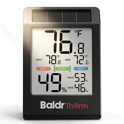 BaldrTherm Indoor Thermometer Hygrometer, Solar Power with Battery Backup, Large Display, Daily Max/Min & Comfort Indicator Humidity Meter（Black）