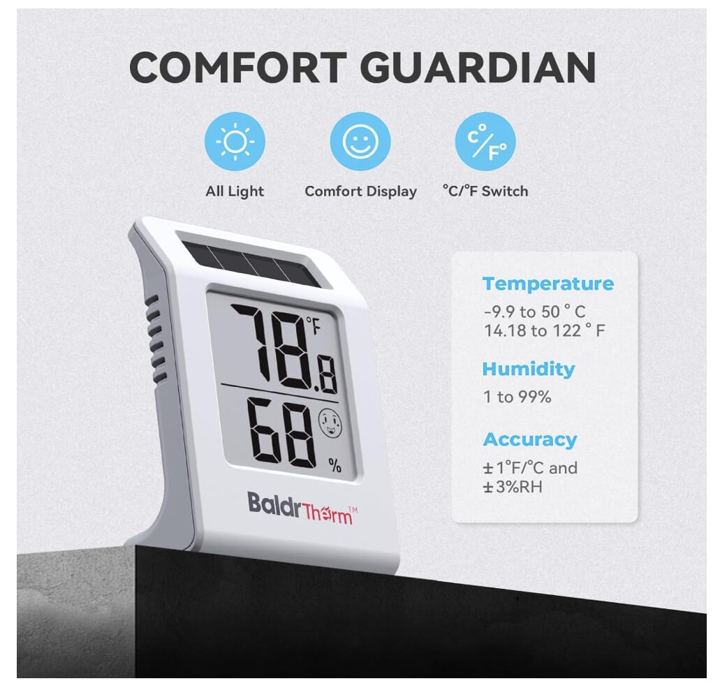 BaldrTherm 2.2'' Solar-Powered Thermometer and Hygrometer Meter,1Pack