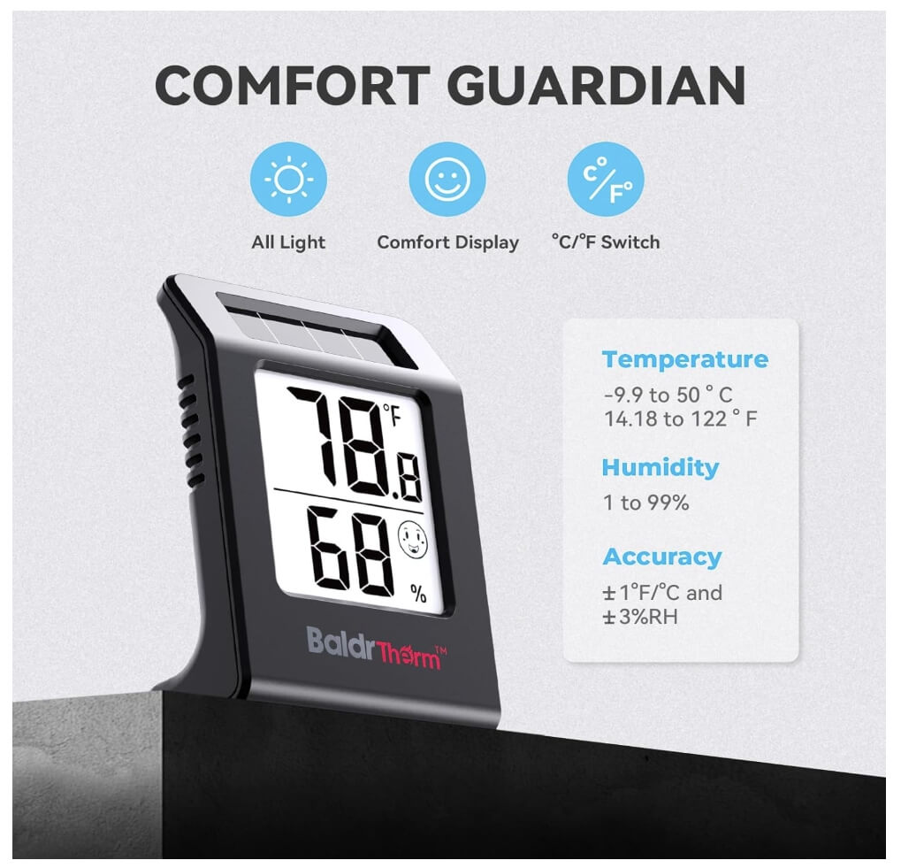 BaldrTherm Humidity Meter Hygrometer, Solar-Powered Room Thermometer 2.2'', 3 Pack, Black