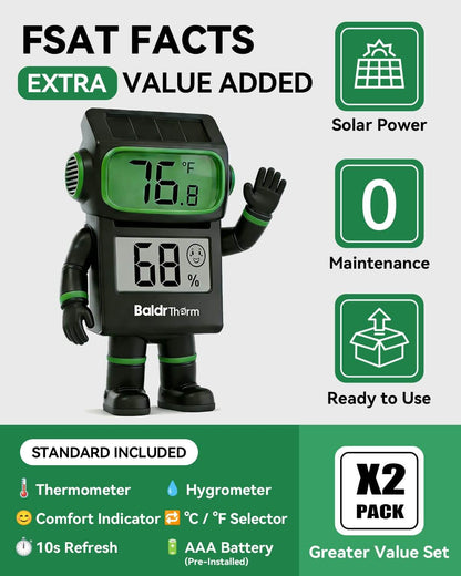 BALDR 2-Pack Digital Hygrometer Thermometer, Solar Power with Battery Backup Temperature and Humidity Monitor, Mini Room Thermometer with Comfort Indicator (Black)