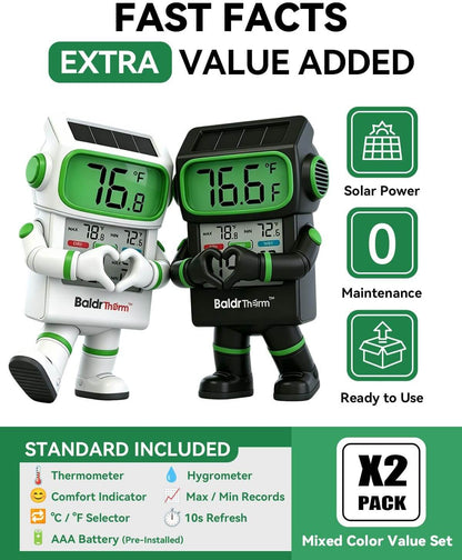 BaldrTherm Thermometer Hygrometer, Solar Powered Indoor Temperature and Humidity Monitor with Battery Backup, Improved LCD Display, Max/Min Records, Comfort Indicator, Black and White