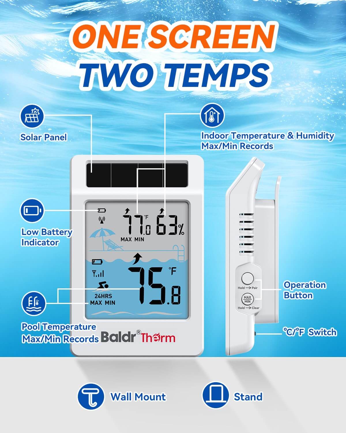 BaldrTherm Wireless Pool Thermometer Floating Easy Read, 2026 Upgrade Solar Powered Water Temperature Gauge with Indoor Display, IPX8 Waterproof 500FT Monitior Range for Pools,Hot Tubs,Spas, Baths, Blue