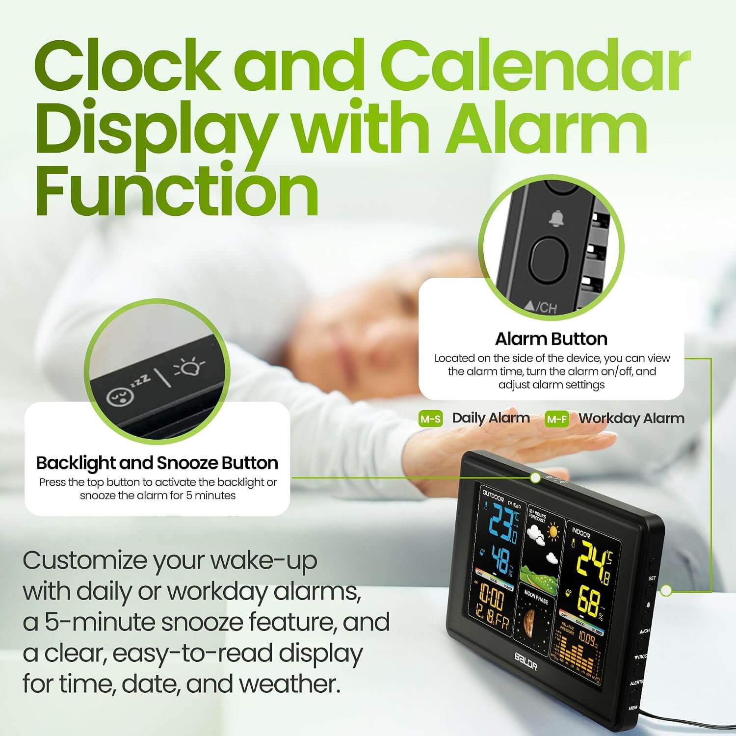 BALDR Wireless Digital Weather Station - Indoor Outdoor Thermometer Wireless Home Weather Station with Remote Sensor, Atomic Alarm Clock, Moon Phase & Barometric History Display, Weather Clock