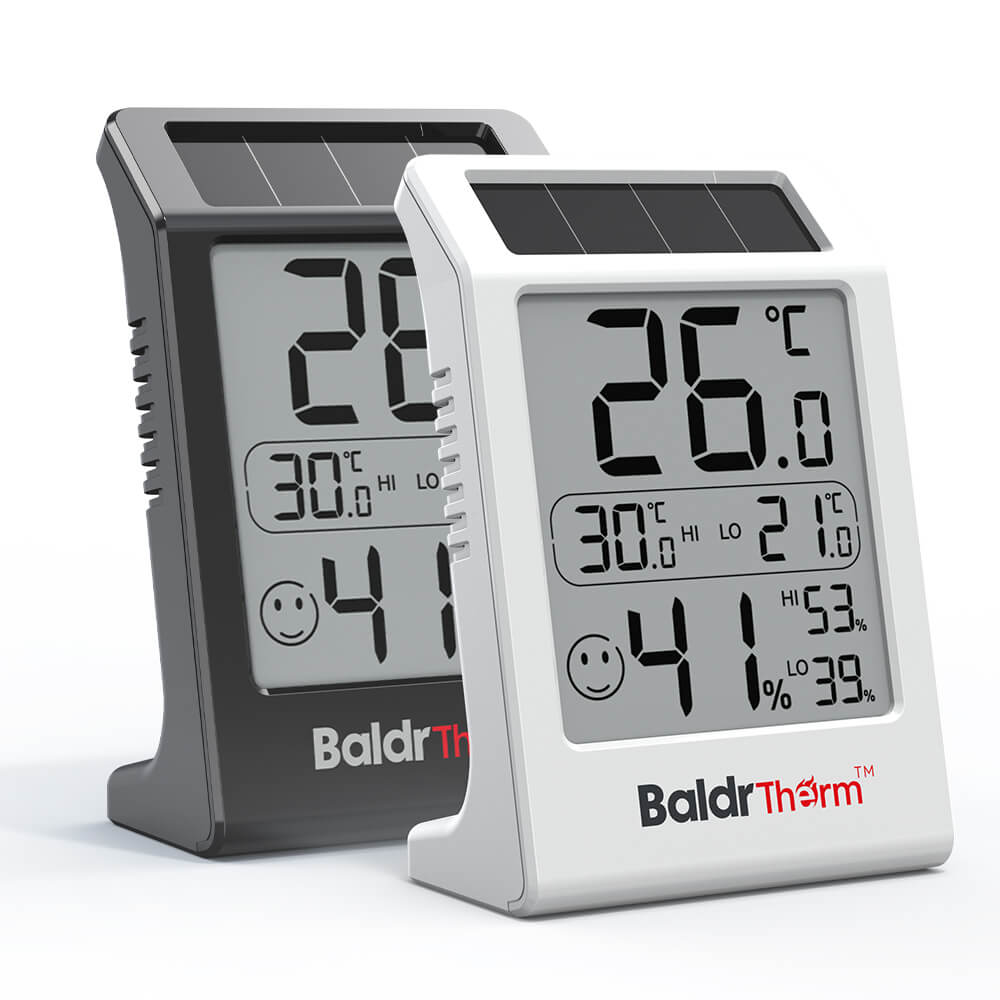 BaldrTherm Humidity Meter Hygrometer, Solar-Powered Room Thermometer, White and Balck