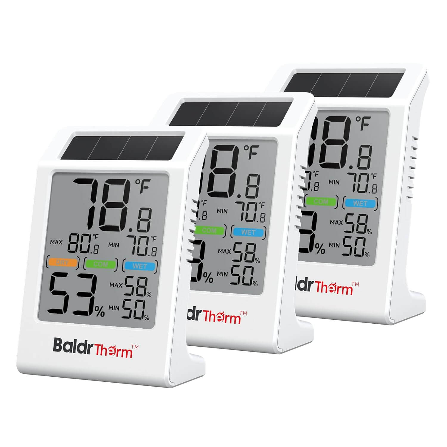 BaldrTherm Room Thermometer Indoor Humidity Meter Solar Powered with Max/Min Memory & Comfort Indicator - 3.2" Large Display for Home, White, 3Pack