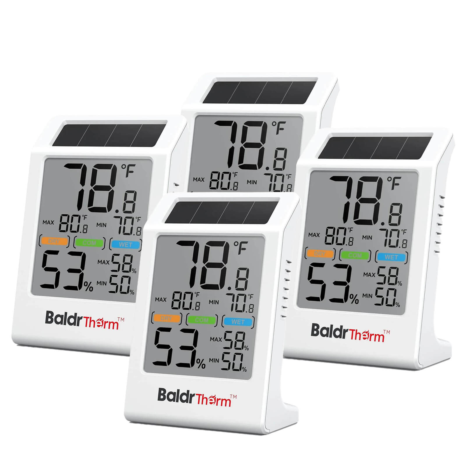 BaldrTherm Room Thermometer Indoor Humidity Meter Solar Powered with Max/Min Memory & Comfort Indicator - 3.2" Large Display for Home, White, 4 Pack