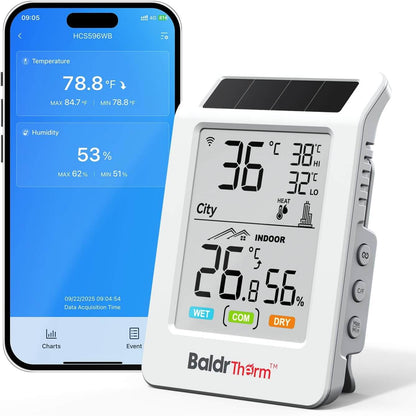 BaldrTherm WiFi Bluetooth Thermometer Hygrometer, Solar Boost, WiFi Remote Monitoring, Smart Alerts (Black Ice), City Temp Sync for Home/Baby Room/Plant Room, 1pack