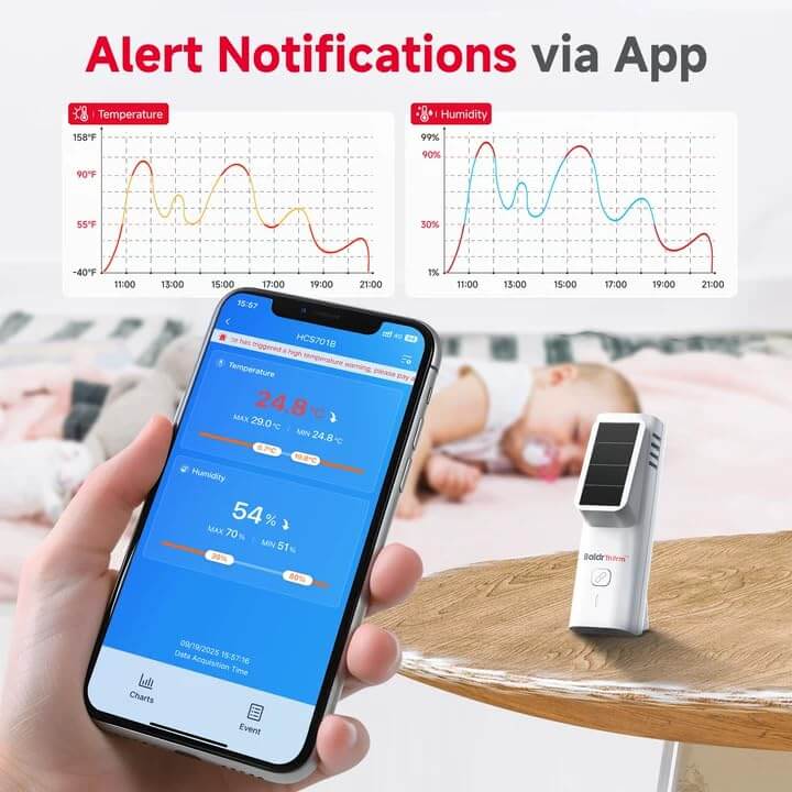 BaldrTherm Solar Bluetooth Temperature & Humidity Monitor, Wireless Thermometer with Date Storage（2 pack）