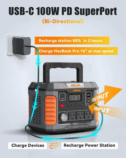 BALDR 500W Portable Power Station – 288Wh, Solar Charging, USB-C PD