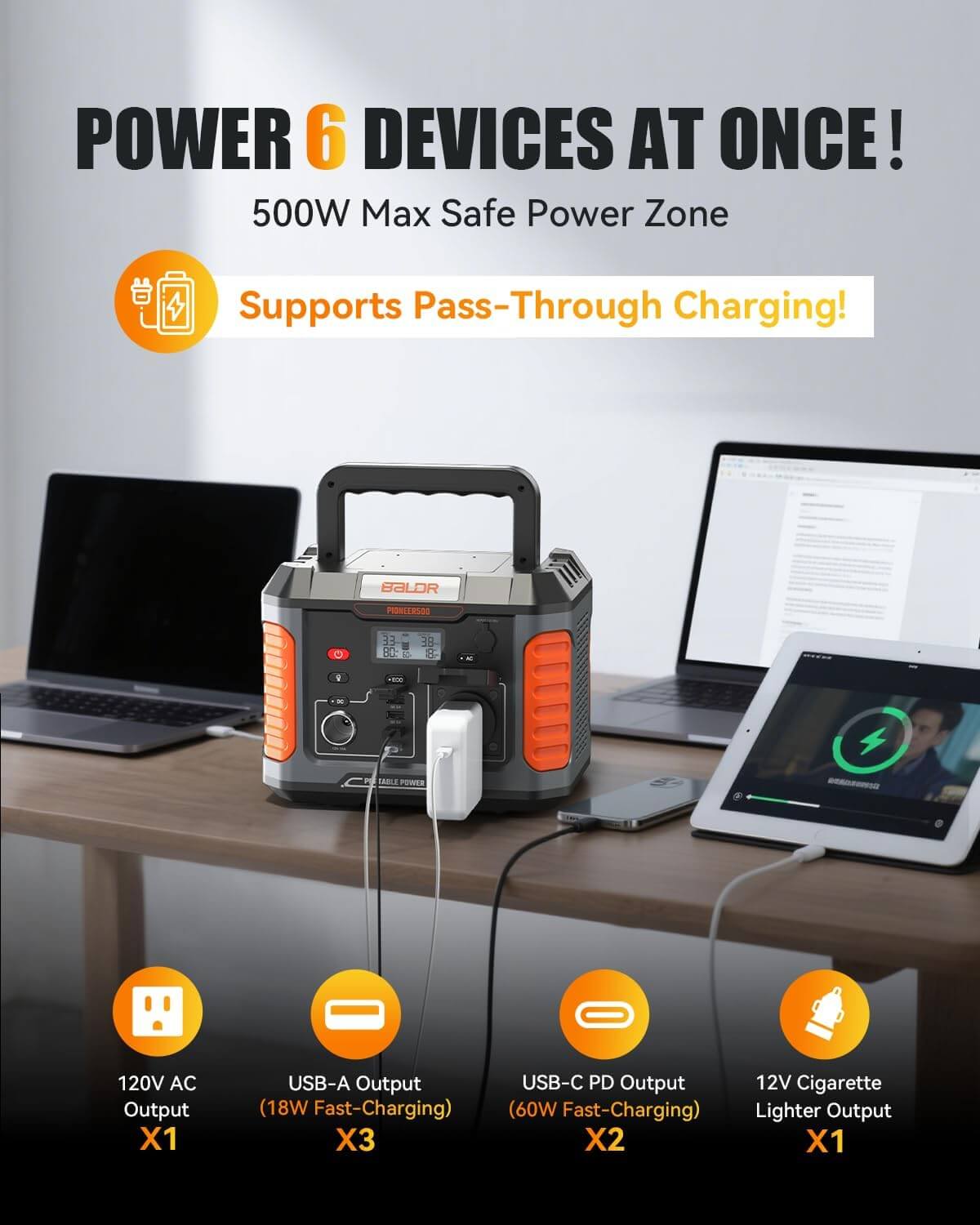 BALDR Portable Power Station, 500W Output, 288Wh Capacity, AC Outlet, USB Ports, Solar Charging Generator for Home Camping Emergency Use