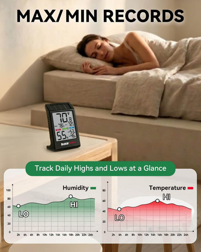 BaldrTherm Thermometer Hygrometer, Solar Powered Indoor Temperature and Humidity Monitor with Battery Backup, Improved LCD Display, Max/Min Records, Comfort Indicator, Black and White