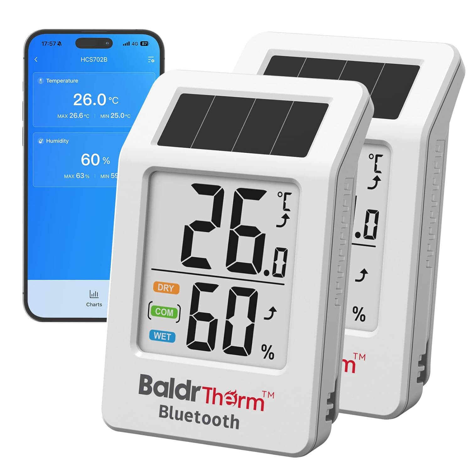 BaldrTherm Solar Bluetooth Temp & Humidity Monitor – White 2 Pack