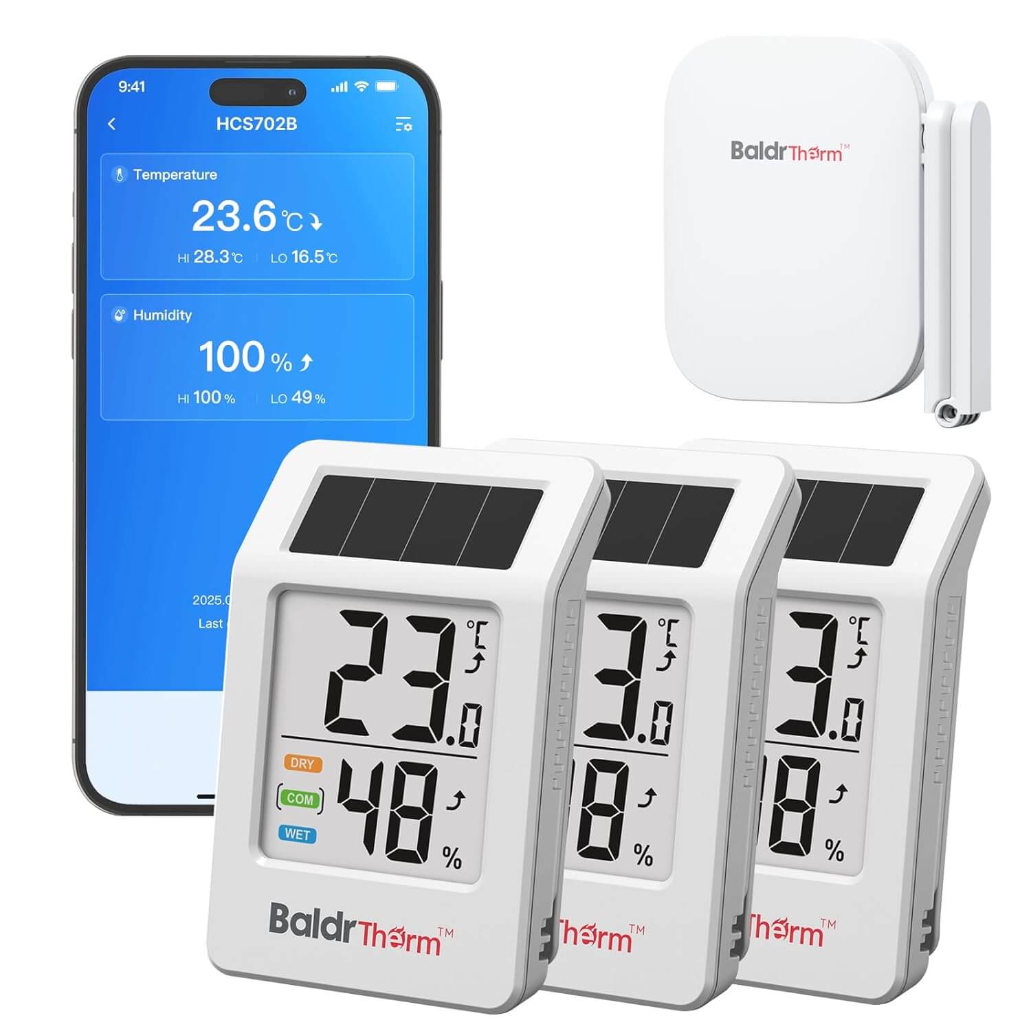 BaldrTherm WiFi Thermometer, Wireless Smart Thermometer, Remote Temperature Monitor with Gateway&Solar Sensor,200ft Coverage, App Alerts,12-Month Battery, Comfort Indicator, Data Sync Recover,3Pack