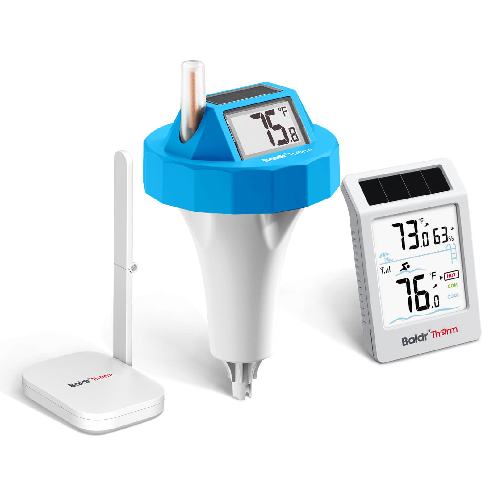 BaldrTherm Wireless Pool Thermometer Floating Easy Read, 2026 Upgrade Solar Powered Water Temperature Gauge with Gateway and Indoor Display, IPX8 Waterproof 500FT Monitor Range for Pools, Hot Tubs, Spas, Baths