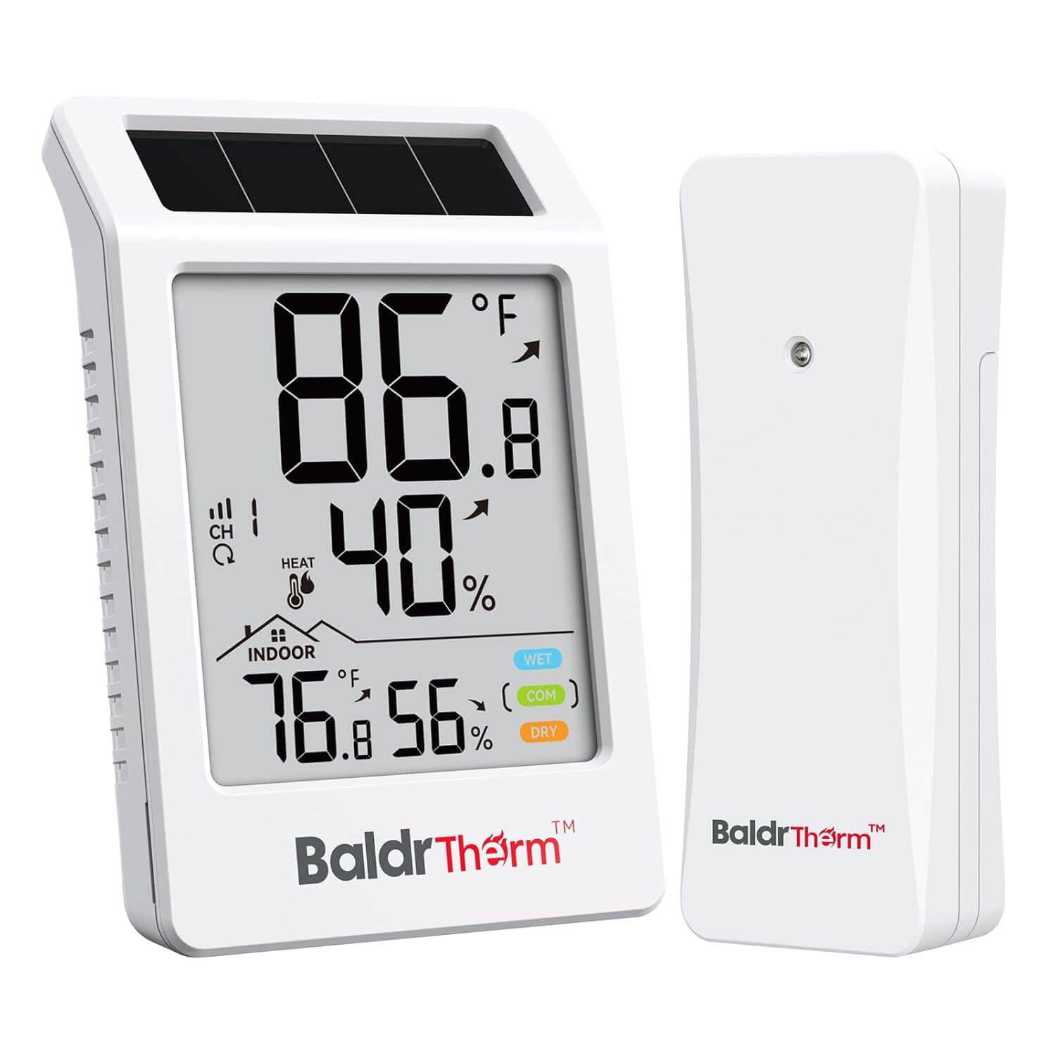 BaldrTherm Digital Hygrometer Indoor Outdoor Thermometer,Wireless Temperature Humidity Monitor with 330ft/100m Range, Multi-Zone Detection, Dual Power Supply & Trend Visualization, 1 Pack