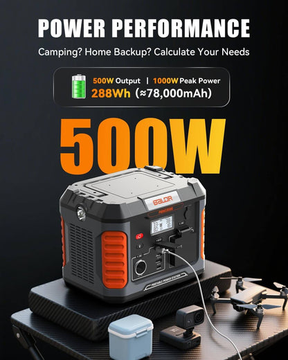 BALDR 500W Portable Power Station – 288Wh, Solar Charging, USB-C PD