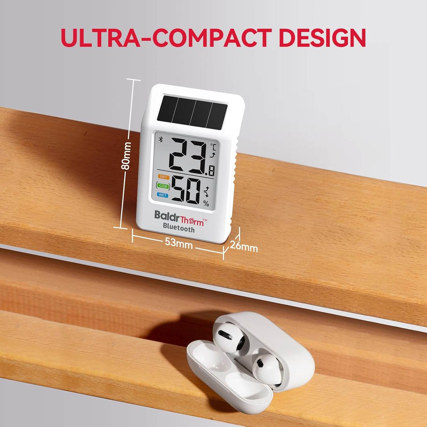 BaldrTherm Solar Bluetooth Temperature Humidity Monitor with Remote App Control（White 3 Pack）