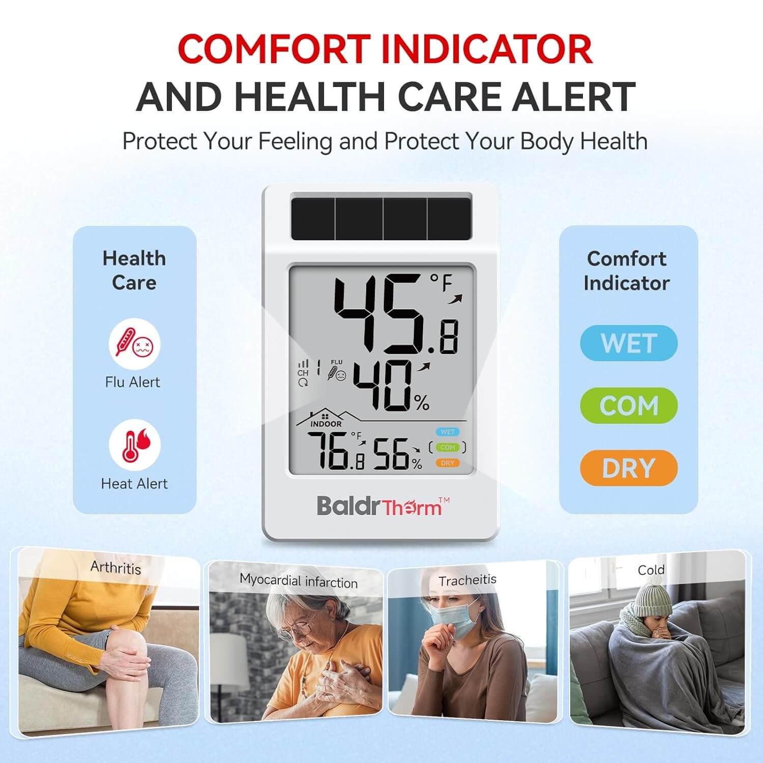 BaldrTherm Digital Hygrometer Indoor Outdoor Thermometer,Wireless Temperature Humidity Monitor with 330ft/100m Range, Multi-Zone Detection, Dual Power Supply & Trend Visualization, 1 Pack