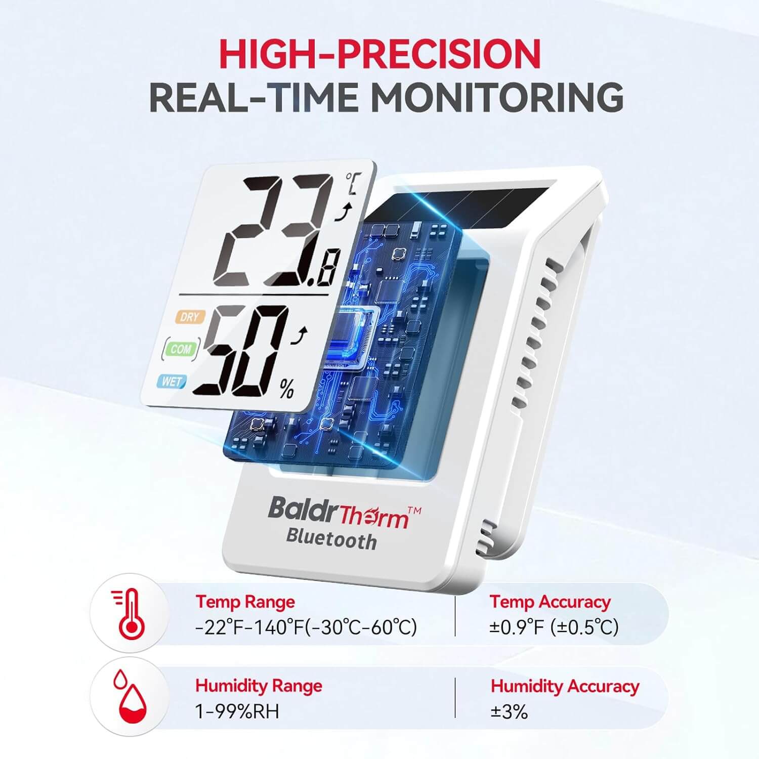 BaldrTherm Solar Bluetooth Temperature Humidity Monitor with Remote App Control（White 3 Pack）
