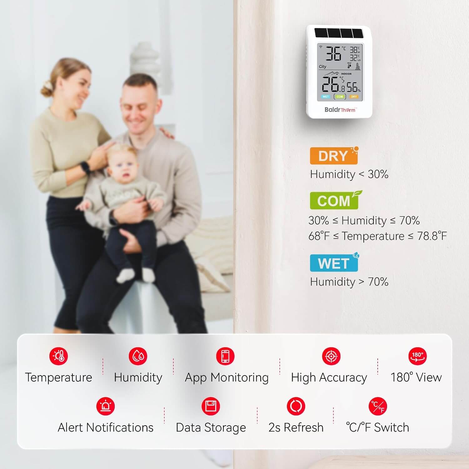 BaldrTherm WiFi Bluetooth Thermometer Hygrometer, Solar Boost, WiFi Remote Monitoring, Smart Alerts (Black Ice), City Temp Sync for Home/Baby Room/Plant Room, 1pack