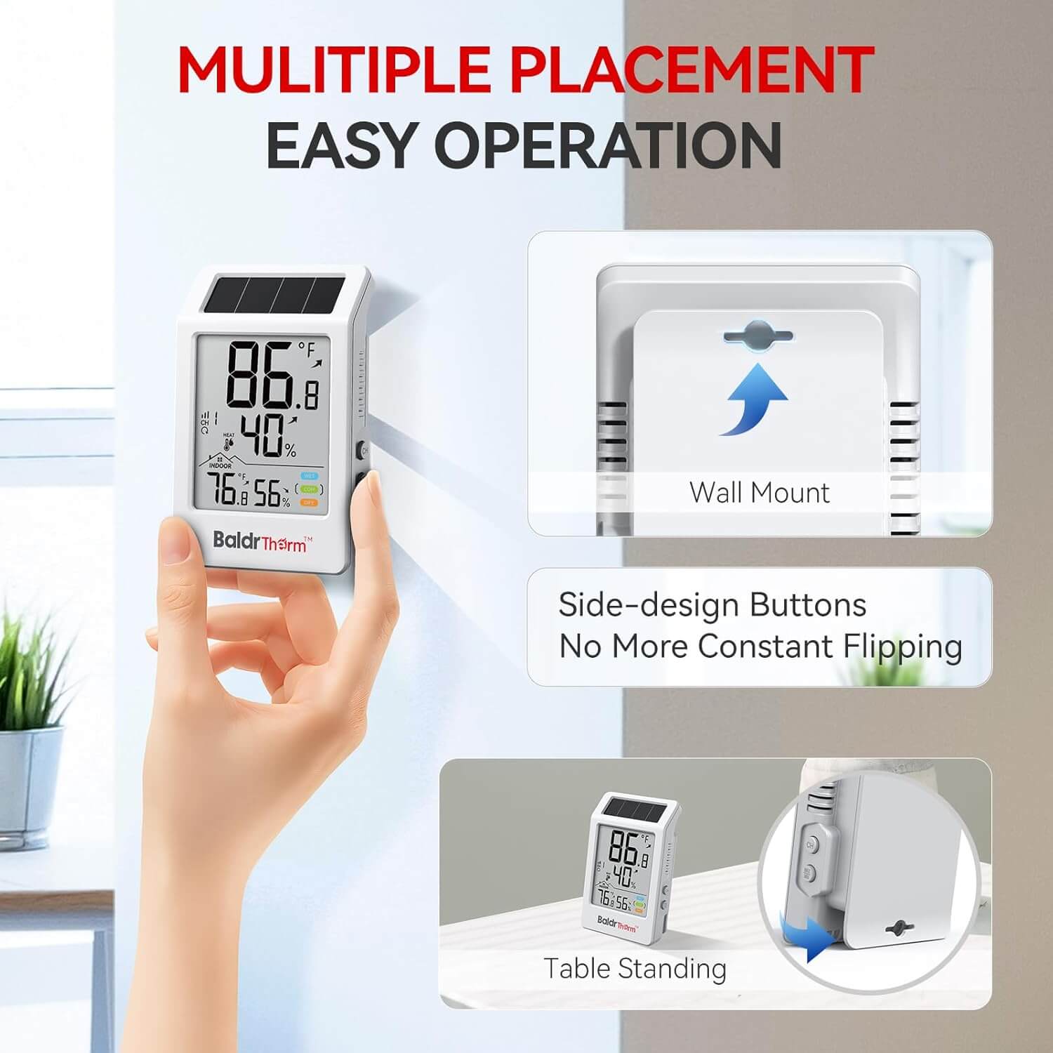 BaldrTherm Digital Hygrometer Indoor Outdoor Thermometer,Wireless Temperature Humidity Monitor with 330ft/100m Range, Multi-Zone Detection, Dual Power Supply & Trend Visualization, 1 Pack
