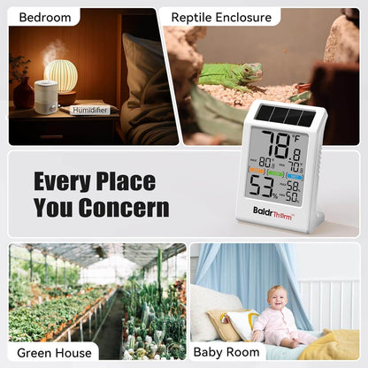 BaldrTherm Room Thermometer Indoor Humidity Meter Solar Powered with Max/Min Memory & Comfort Indicator - 3.2" Large Display for Home, White, 1Pack