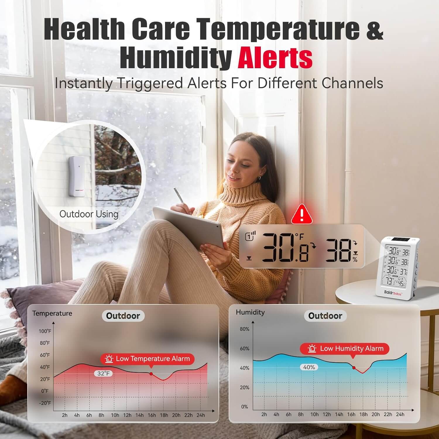 BaldrTherm Solar Outdoor Thermometer, Wireless Temperature & Humidity Monitor with 330ft Range
