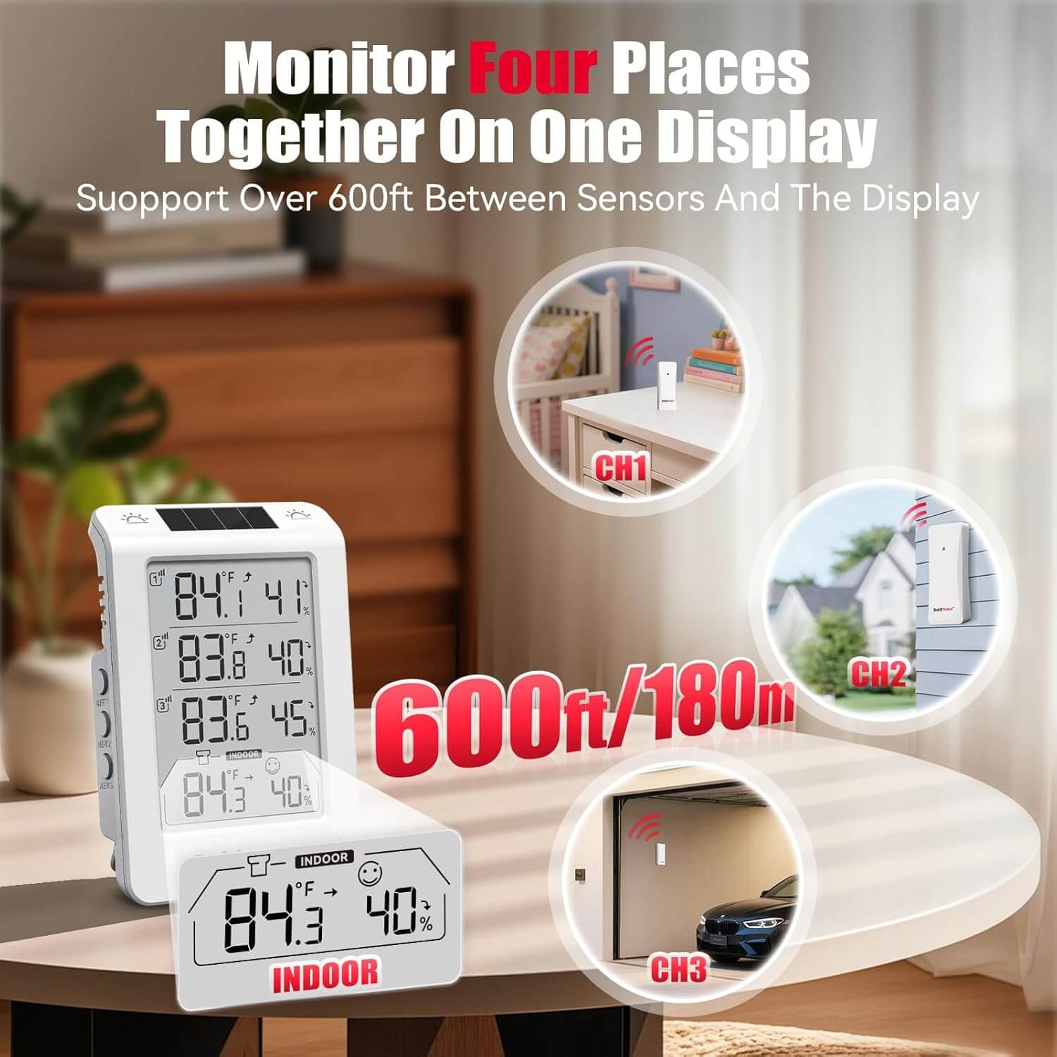 BaldrTherm Solar Outdoor Thermometer, Wireless Temperature & Humidity Monitor with 330ft Range