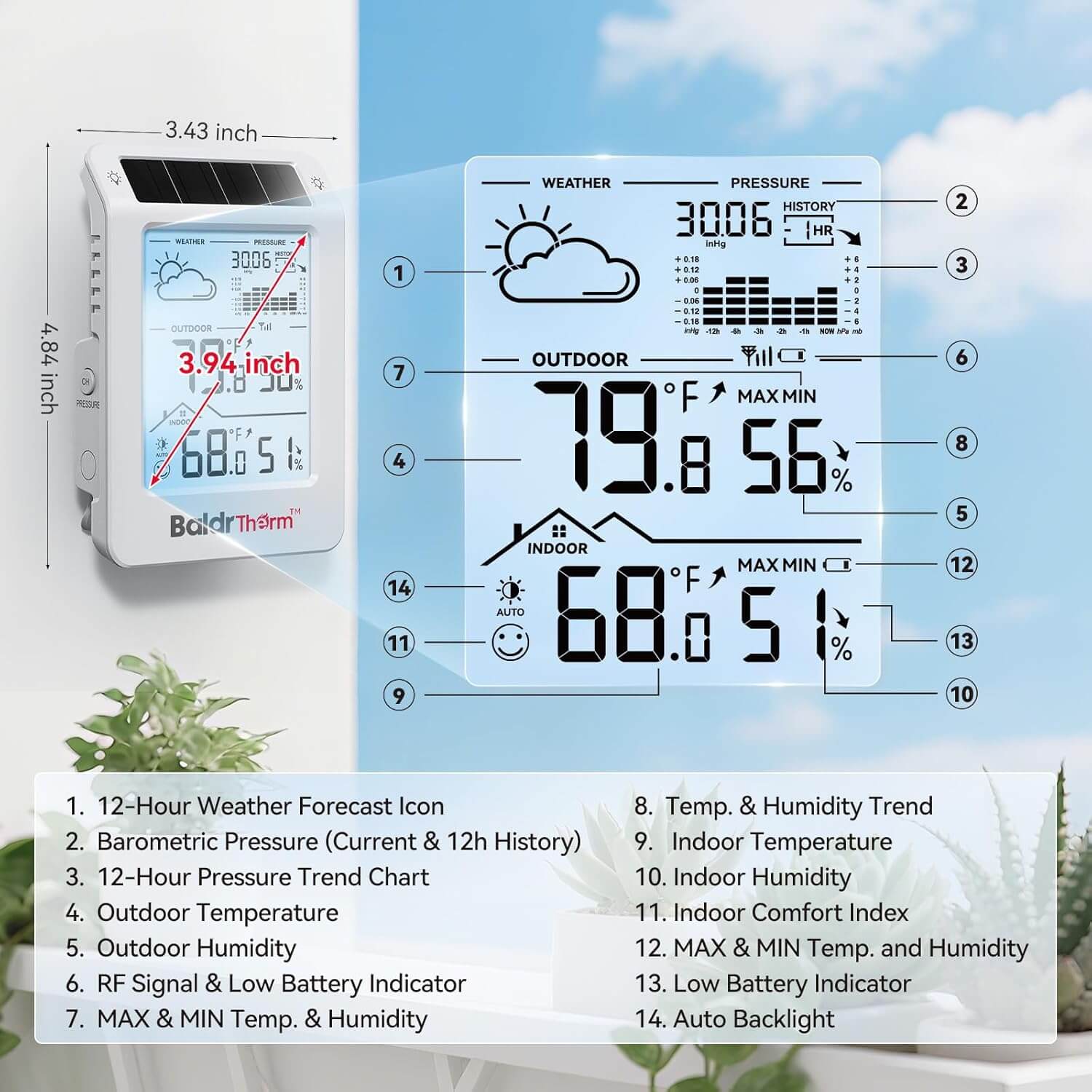 BaldrTherm Solar Wireless Weather Station, PV Extended Range, Dual-Zone Indoor & Outdoor/Childroom Temp Humidity Monitor, Auto Smart Backlight,Temp/Humidity/Barometric Trend Visualization