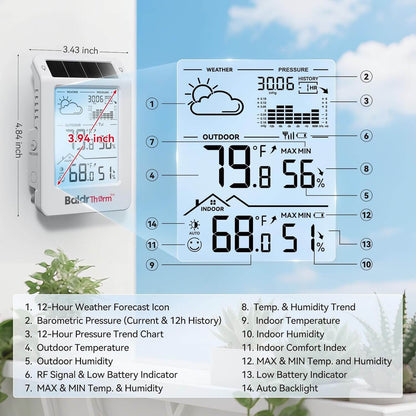 BaldrTherm Solar Wireless Weather Station, PV Extended Range, Dual-Zone Indoor & Outdoor/Childroom Temp Humidity Monitor, Auto Smart Backlight,Temp/Humidity/Barometric Trend Visualization