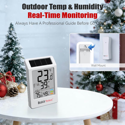 BaldrTherm Digital Hygrometer Indoor Outdoor Thermometer,Wireless Temperature Humidity Monitor with 330ft/100m Range, Multi-Zone Detection, Dual Power Supply & Trend Visualization, 1 Pack