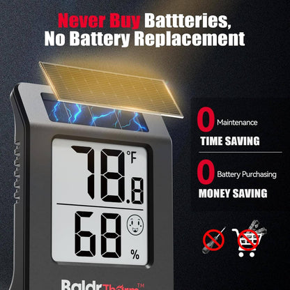 BaldrTherm Humidity Meter Hygrometer, Solar-Powered Room Thermometer 2.2'