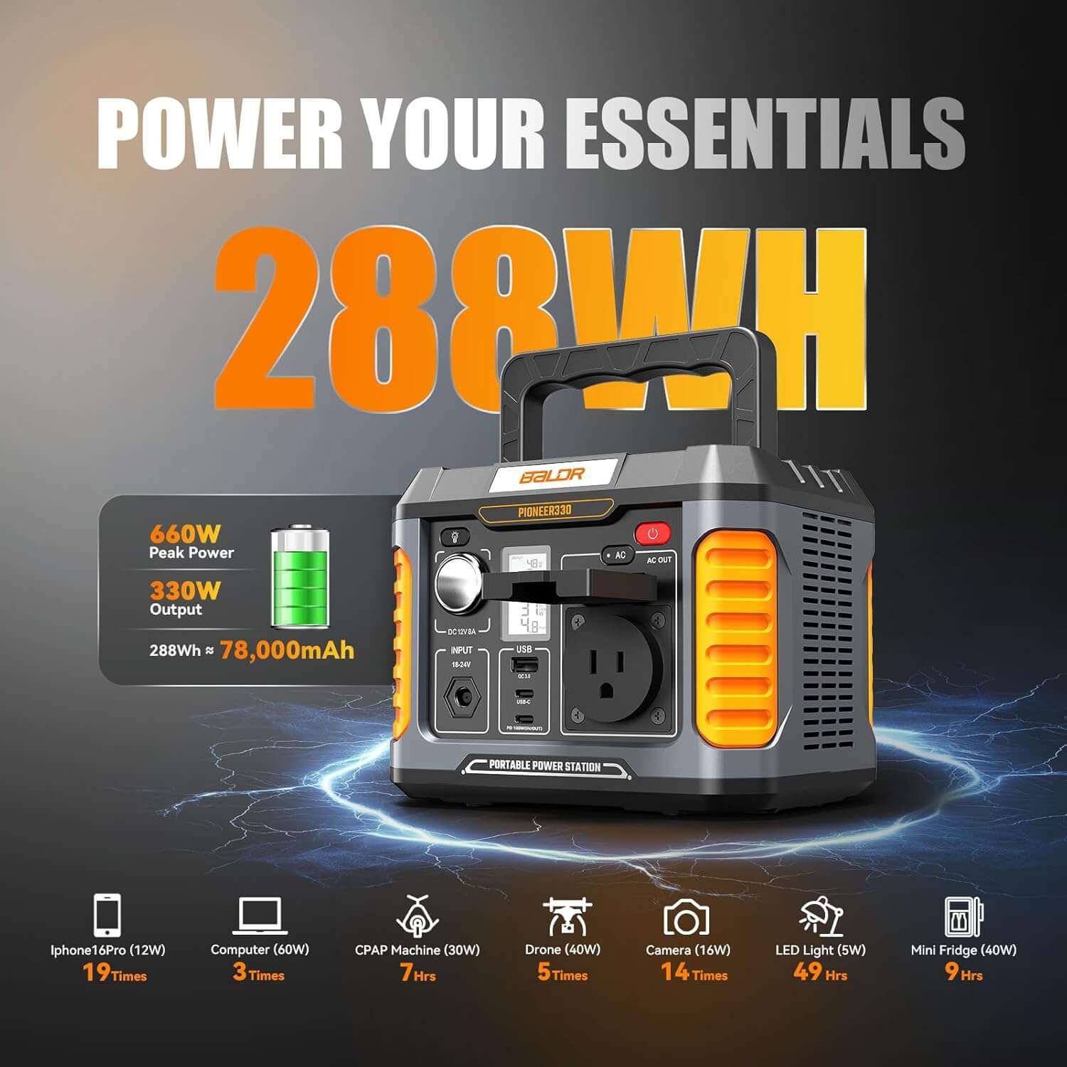 BALDR Portable Power Station, Solar Generator with 120V Pure Sine Wave AC Outlet, Backup Lithium Battery Power Supply, 330W | 288Wh, For CPAP Camping Travel Hunting Outdoors Emergency Blackout