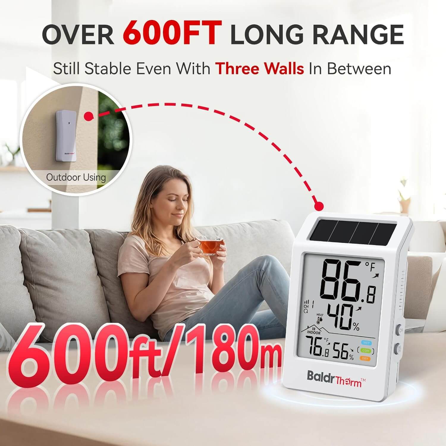 BaldrTherm Digital Hygrometer Indoor Outdoor Thermometer,Wireless Temperature Humidity Monitor with 330ft/100m Range, Multi-Zone Detection, Dual Power Supply & Trend Visualization, 1 Pack