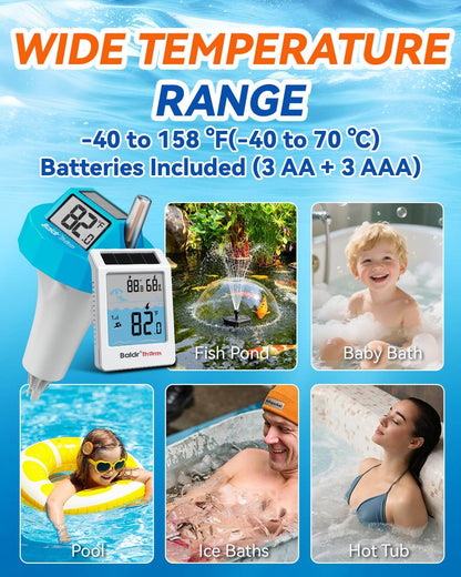 BaldrTherm Wireless Pool Thermometer Floating Easy Read, 2026 Upgrade Solar Powered Water Temperature Gauge with Indoor Display, IPX8 Waterproof 500FT Monitior Range for Pools,Hot Tubs,Spas, Baths, Blue